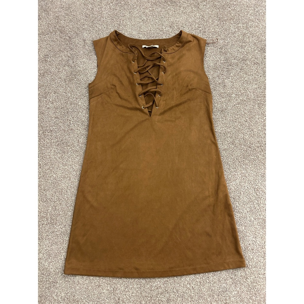 Glamorous Dress Womens XS Brown Excellent Faux Suede Lace Up Sleeveless Shift